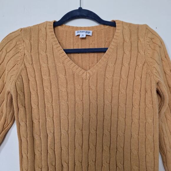 Vintage Yellow Cable Knit Fisherman Sweater Women PS Vneck Preppy Old Money Boho - Picture 2 of 8
